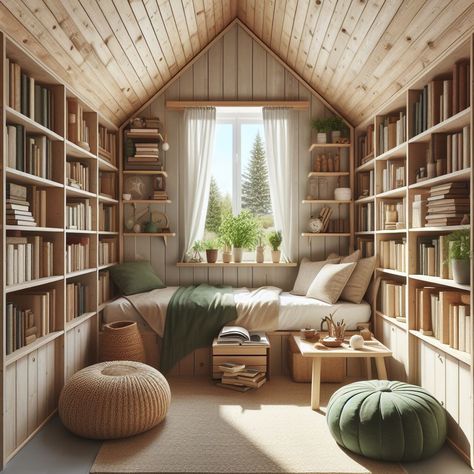 A Frame Library, Attic Reading Nook, Small Home Library, Attic Library, Dream Bedroom Inspiration, College Decor, Home Library Design, Reading Nooks, Dream Room Inspiration