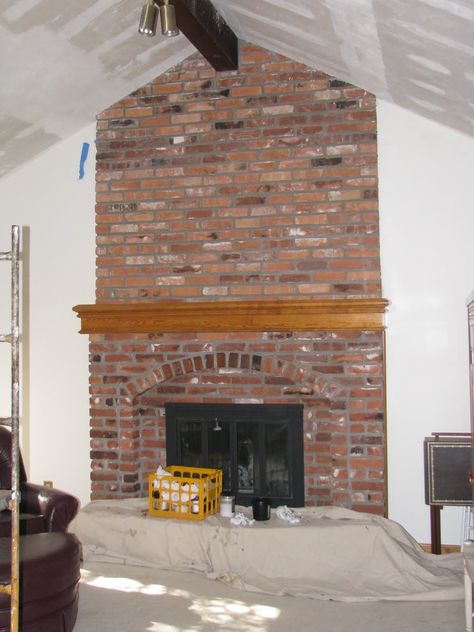 (Fireplace BEFORE) I will start by saying I lovvvvvvvvvvve brick fireplaces. And I love floor to ceiling brick fireplaces even more.But, I don't love the " Floor To Ceiling Brick Fireplace, Faux Stone Fireplace, Painting Upcycle, Brick Fireplace Remodel, Airstone Fireplace, Floor To Ceiling Fireplace, Honey Do Shower, Reface Fireplace, Fireplace Makeover Ideas