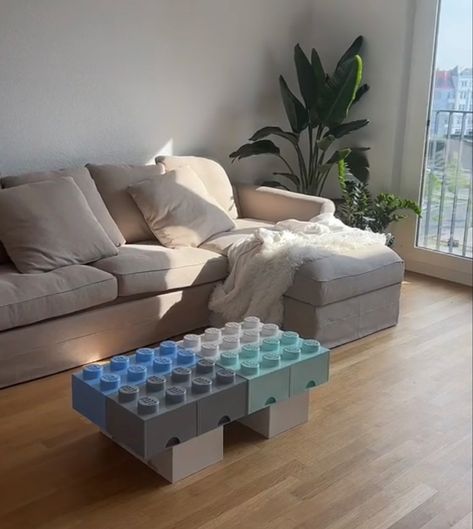 Lego Brick Table, Cream House Aesthetic, Aesthetic Lego Room Decor, Nerdy Apartment Decor, Aesthetic Legos, Lego Coffee Table, Decor White Walls, Dream Appartement, House Decor White