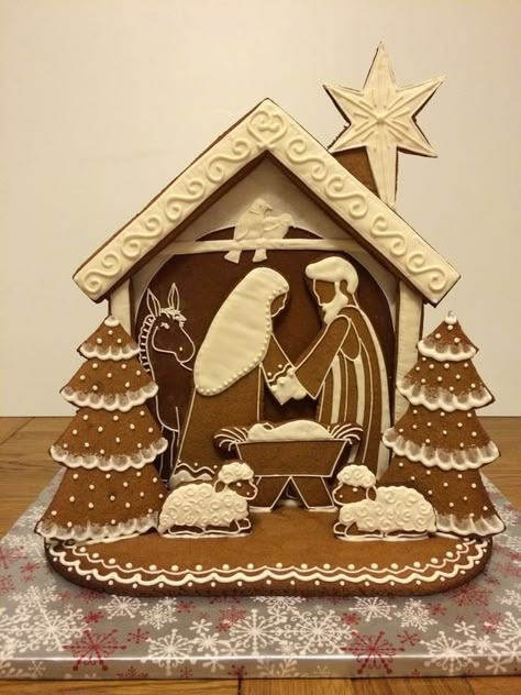 Gingerbread House Nativity, Gingerbread Nativity, Nativity Pattern, Nativity Scenes, Christmas Gingerbread House, Grilling Gifts, Gingerbread Houses, Shaped Cookie, Baby Jesus