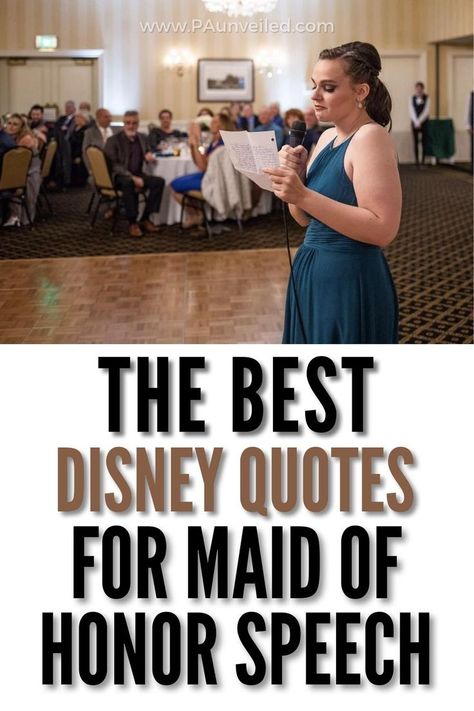 This is a pinterst pin. The title is best disney quotes for maid of honor speech. The photo is of a maid of honor giving a speech. Twin Sister Maid Of Honor Speech, Matron Of Honor Speech, Moh Speech, Wedding Toast Speech, Honor Quotes, Best Disney Quotes, Disney Love Quotes, Speech Quote, Bride Speech