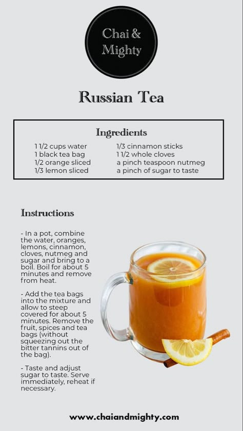 Black Tea With Lemon, Warm Tea Recipes, Orange Tea Recipe, Russian Tea Recipe, Black Tea Recipe, Hot Tea Recipes, Books And Tea, Tea Drink Recipes, Russian Tea