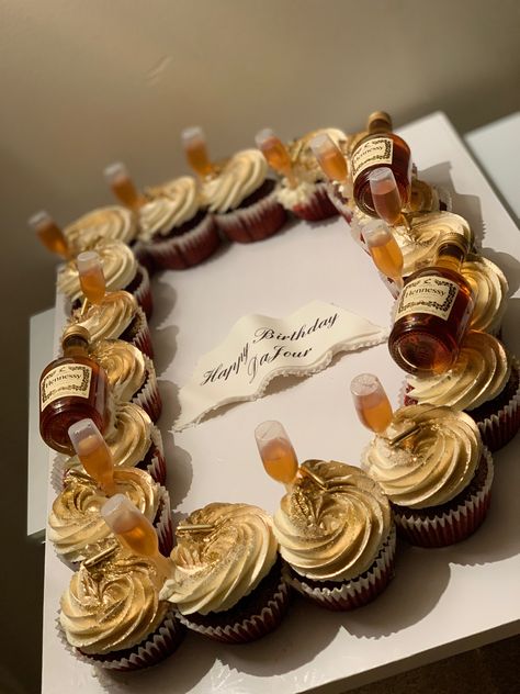 21 Birthday Cake For Him, Whiskey Cupcakes Design, Alcohol Infused Birthday Cakes, Alcoholic Cupcakes Birthday, Infused Cupcakes Recipes, Cake With Mini Liquor Bottles, Birthday Cake Liquor Bottles, Number Cupcakes, Alcohol Cupcakes