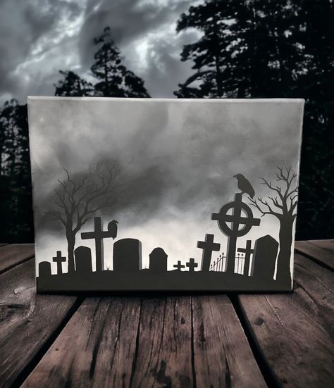 Spooky Cemetery painting, Perfect for Halloween decor, does have some pencil marks on it still, id say it makes it more unique. :) Comes with a free sticker! Grave Yard Painting, Black Canvas Christmas Painting, Ripped Canvas Art, Easy Gothic Painting Ideas, Spooky Halloween Paintings On Canvas, Grave Painting, Scary Painting Ideas, Halloween Acrylic Painting Ideas, Cemetery Painting