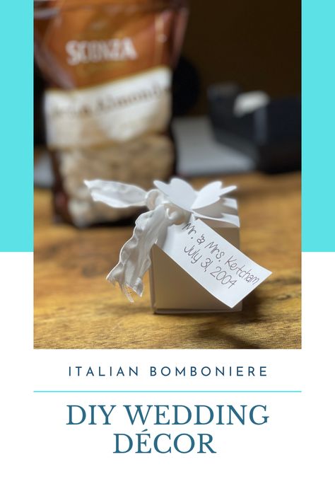 Italian Bomboniere for a DIY Wedding Decor and Favor handed out as tradition. #ad #cricut #cricutmade The boxes are made with a Cricut and filled with 5 Jordan Almonds and can also be used at place settings for weddings and showers. Italian Almond Wedding Favors, Italian Wedding Bomboniere, Italian Wedding Favors Jordan Almonds, Sugared Almonds Wedding Favours, Koufeta Favors Greek Wedding, Almond Wedding Favours, Italian Wedding Favors, Wedding Decor Diy, Diy Wedding Decor