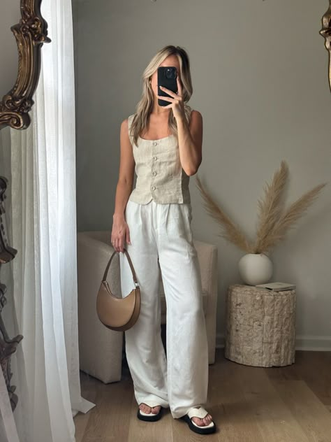 Linen pants - summer outfit - linen vest outfit - linen pants outfit Linen Pants Styling, White Linen Vest Outfit, Beige Linen Trousers Outfit, Lenin Pants Outfit, Beige Linen Outfit, Linen Cargo Pants Outfit, Khaki Linen Pants Outfit, Cream Linen Pants Outfit, Linen Pant Outfits