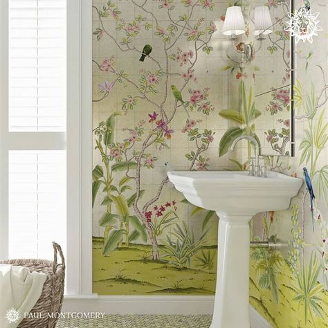 Directly from our Endūr Collection, Enchanted Garden Silver shines bright in this powder room.  #moderninterior #modernhome #interiordecor #interior123 #housetour #finditstyleit #designerwallpaper #powderroom #luxuryinterior #luxuryhome #metalleaf #silverdecor #housebeautiful Silver Chinoiserie Wallpaper, Silver Wallpaper Bathroom, Bathroom With Wallpaper, Traditional Decor Southern, Chinoiserie Mural, Garden Mural, With Wallpaper, Silver Wallpaper, Blooming Trees