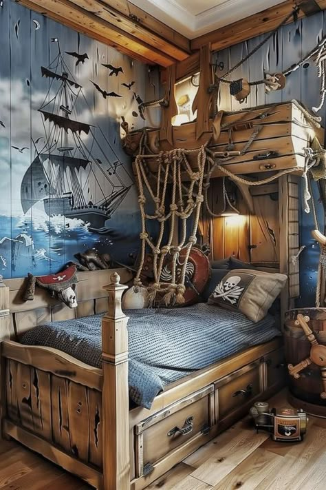 Pirate Room Decor Diy, Pirate Themed Room, Pirate Interior Design, Adventure Bedroom Ideas, Ocean Bedroom Kids, Boys Pirate Bedroom, Pirate Theme Bedroom, Sea Theme Room, Pirate Playroom