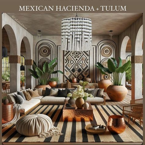 🇲🇽 NEW PROJECT: My @giLherrera twist of Modern Mexican Hacienda Living Area with a VERY Tulum VIBE!! (READ Details Below ⬇️⬇️⬇️) DETAILS: I’m enjoying Our Yolanda 100% Mexican Artisan Statement Tassel Chandelier, Limewash painted walls, 100% Mexican Artisan Macrame Wall Decor, Jute accents, & 100% Mexican Artisan Hand Hammered Copper Coffee Table: what do you think? At CoLores Decor Our team is constantly experimenting with textures & “WOW” styles for a UNIQUE statement design for any room... Mexican Resort Decor, Modern Mexican Hacienda, Resort Decor, Copper Coffee Table, Tassel Chandelier, Interior Design Examples, Mexican Boho, Mexican Hacienda, Limewash Paint