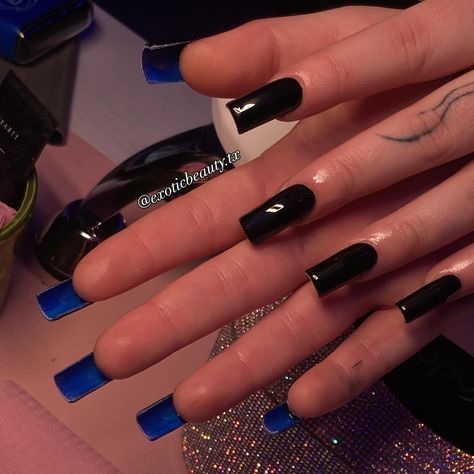 💙Black nails with blue bottoms💙 🖤medium gelx nails🖤 #gelx #nails #blacknails #nailinspo #gelxnails #explorepage #bluebottomnails Black Nails Pink Bottoms, Blue Bottoms Nails, Dark Blue Y2k Nails, Black And Baby Blue Nails, Black Blooming Gel Nails, Blue Bottom Nails, Black And Blue Nail Ideas, Blue And Black Nails, Black And Blue Nails