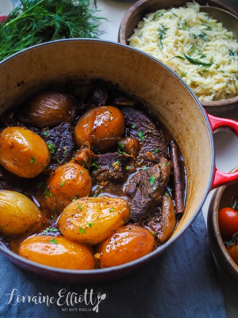 Authentic Beef Stifado Stew @ Not Quite Nigella British Beef Stew, Beef Shin Recipes, Beef Stifado, Rich Beef Stew, Beef And Potato Stew, Leafy Green Salads, One Pot Meal, Greek Dishes, Chowder Recipes