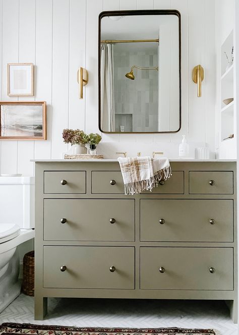 Farmhouse Bathroom Paint Colors, Farmhouse Bathroom Paint, Herringbone Floor Tiles, Modern Cottage Bathroom, Marble Herringbone Floor, Grey Interiors, Her Bathroom, Bathroom Paint, Cottage Bathroom