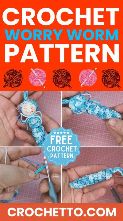 Loom Knit Worry Worm, Crochet Worry Worms Free Pattern, Worry Worm Pattern Free, Worry Worm Crochet Pattern Free, Worry Worms Crochet, Easy Crochet Toys For Beginners, Crochet Worm Free Pattern, Worry Critters, Crochet Worry Worm Free Pattern