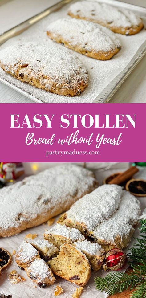 Stollen Bread Recipe, Stolen Bread Recipe, Christmas Baking Treats, Easy Stollen Recipe, Christmas Fruitcakes, Stollen Cake, Christmas Stollen Recipe, Stollen Bread, German Stollen