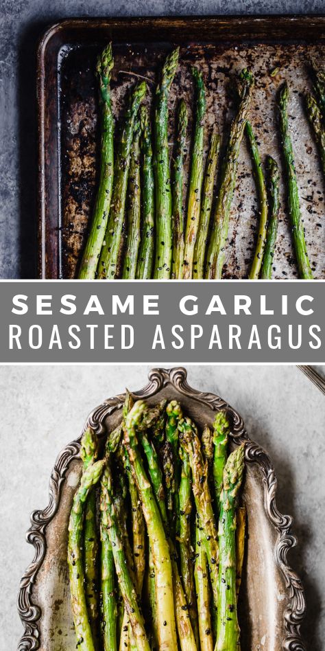 This Sesame Garlic Roasted Asparagus with olive oil, minced garlic, sesame oil & sesame seeds is the perfect, unique flavor combo. The recipe only takes 20 minutes from start to finish and is a healthy, yummy side dish! #asparagus #healthyrecipe #recipe #gethealthyu Quick Sides, Garlic Roasted Asparagus, Green Beans Vegan, Easy Asparagus, Spring Side Dishes, Rainbow Veggies, Easy Asparagus Recipes, Maple Glazed Carrots, Asparagus Recipes Roasted