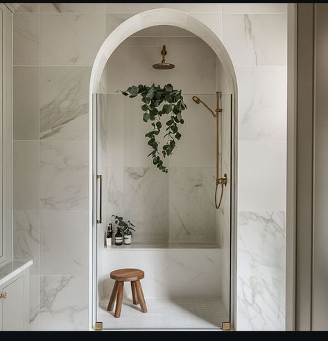 Elevating elegance with every curve ✨ Timeless marble meets modern luxury in this arched shower haven. For more home decor & inspiration, follow me at @StellaDallasInteriors 🤍 . . . . . #InteriorDesign #HomeDecor #InteriorStyling #LuxuryInteriors #TimelessDesign#CoastalDesign #LuxuryLiving #LivableLuxury #TimelessElegance #ModernClassic #SophisticatedStyle #VirtualInteriorDesign #HomeStyling #InteriorDesignConsultation #stelladallasinteriors Master Bathrooms Timeless, Arch In Bathroom, Curved Shower Door, Arch Shower Door, Arch Shower Entry, Arched Shower Opening, Arched Bathroom, Shower Arch, Organic Modern Bathroom