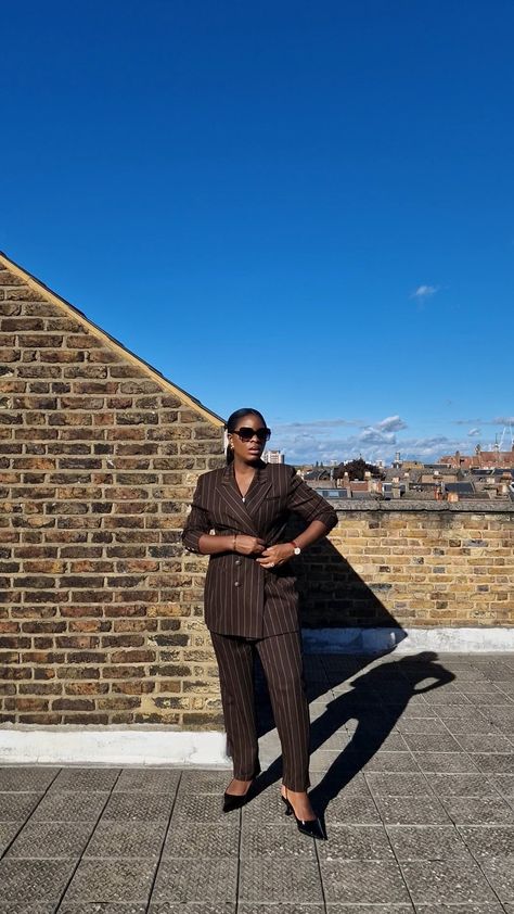 Brown pinstripe suit for women. 90s inspired power dressing Brown Pinstripe Pants Outfit, Women Pinstripe Suit, Woman Pinstripe Suit, Luxury Pinstripe Suits For Women, Classic Fitted Pinstripe Pants, Brown Pinstripe Suit, Pinstripe Suit Women, Women’s Pinstripe Suit, Women 90s