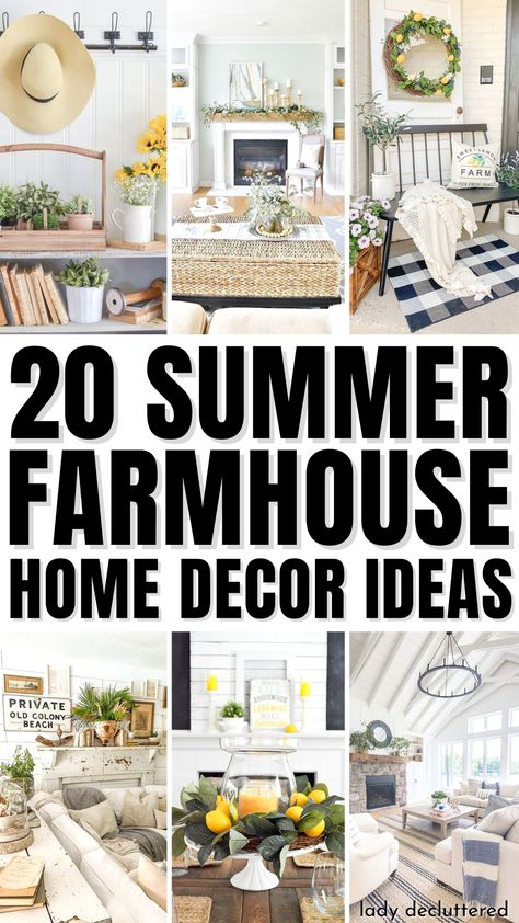 20 Summer Farmhouse Home Decor Ideas Spring Mantel Decorating Ideas, Farmhouse Summer Decor, Summer Farmhouse Decor, Summer Mantel, Fresh Living Room, Summer Living Room, Farmhouse Decor Ideas, Spring Decor Diy, Summer Mantle Decor