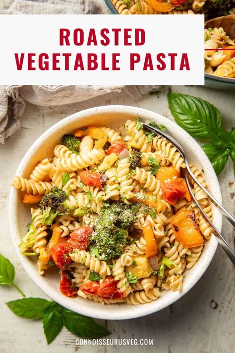 This roasted vegetable pasta is bursting with roasted fresh veggies like peppers, broccoli, and squash, along with rotini pasta, fresh basil, and a touch of balsamic. It's incredibly satisfying, flavorful, and so easy to make! Easy Recipes Noodles, Vegan Cream Cheese Recipe, Pasta Recipe Easy, Recipes Noodles, Quick Recipes Easy, Roasted Vegetable Pasta, Pasta Fresh, Eat More Plants, Inflammation Recipes