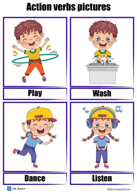 44 free printable action verbs pictures PDF cards - ESL Vault Action Pictures For Kids, Verbs Flashcards Free Printable, Action Words With Pictures, Action Words For Kids, Action Verbs Flashcards, Opposites Flashcards, Verb Vocabulary, Verbs For Kids, Verbs Activities