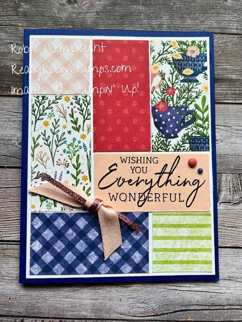 Stampin Up Dies Products, Stampin Up Strip Cards, Scrambled Blocks Cards, Stampin Up Stack And Shuffle, Simple Card Layout Ideas, Stampin Up Cards Using Scraps, Su Dsp Cards, Patchwork Pieces Dies Stampin Up Cards, Tea Boutique Stampin Up Cards