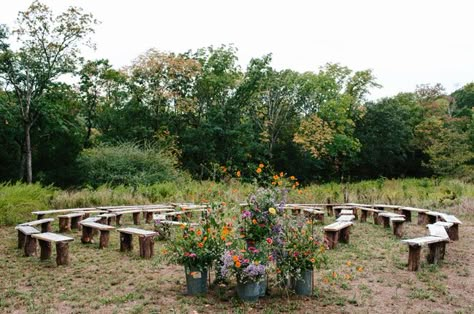 circle ceremony seats upfront for elderly. Others can stand. Bride and groom in middle Ceremony Benches, Outdoor Ceremony Seating, Wedding Bench, Tree Wedding Ceremony, Willow Tree Wedding, Wedding Ceremony Seating, Wedding Ceremony Decorations Outdoor, Wedding Ceremony Ideas, Candle Arrangements