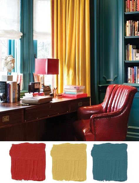 This room uses a triadic color scheme. Red, yellow and blue are bold when their primary colors are used, but this toned down version is much more palatable. Curtains Yellow Walls, Mustard Yellow Curtains, Bedroom Yellow, Yellow Curtains, Yellow Living Room, Living Room Red, Yellow Home Decor, Yellow Bedroom, Trendy Living Rooms