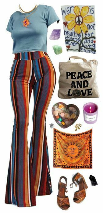 Hippy Style 70s, 70s Outfit Board, Hippie Outfits Aesthetic 70s, Cute Hippy Outfit, Hippie Women Outfits, Girly Hippie Outfits, Hippie Outfits Carnaval, 70s Girl Outfit, Hippie Outfit Inspiration