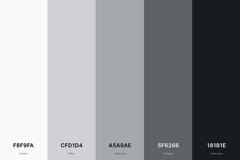 2. Black And White Color Palette Color Palette with Seasalt (Hex #F8F9FA)   Silver (Hex #CFD1D4)   Cadet Gray (Hex #A5A9AE)   Dim Gray (Hex #5F6266)   Eerie Black (Hex #181B1E) Color Palette with Hex Codes Black Color Palettes, White Hex Code, Brow Room, Color Palettes With Names, Blue Hex Code, Room Website, Color Palette With Hex Codes, Gray Hex, Colours That Go Together