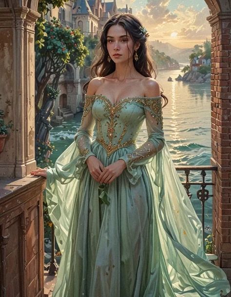 AI Art Generator: Elegant Medieval Noblewoman | Pale Mint Green Dress Pale Mint Green, Red Brick Walls, Mint Green Dress, Long Black Hair, Art Generator, Red Bricks, Floral Embroidery, Green Dress, Mint Green