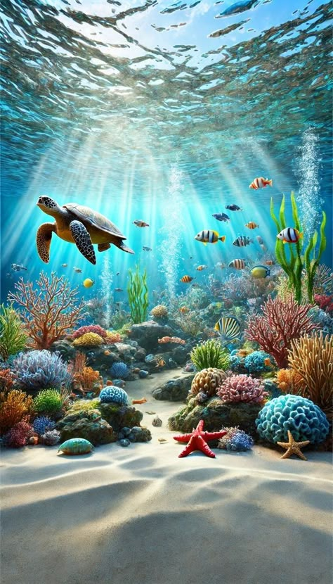 Coral Reef Landscape, Underwater Creatures Art, Underwater Turtle, Aquarium Wallpaper, Sea Turtle Wallpaper, Ocean Creatures Art, Sea Life Wallpaper, Wallpapers Home Screen, Under Water World