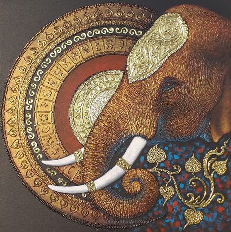 Thai Painting Design, Best Selling Paintings, Meenakari Painting On Canvas, Thai Elephant Art, Home Decor Paintings Canvas, Thai Art Painting, Indian Elephant Painting, Elephant Canvas Painting, Mandala Art Painting