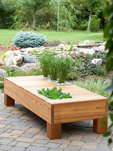 DIY Outdoor Storage Small Garden Table, Diy Storage Projects, Cedar Bench, Outdoor Organization, Taman Air, Planter Bench, Outdoor Storage Bench, Diy Pond, Storage Benches