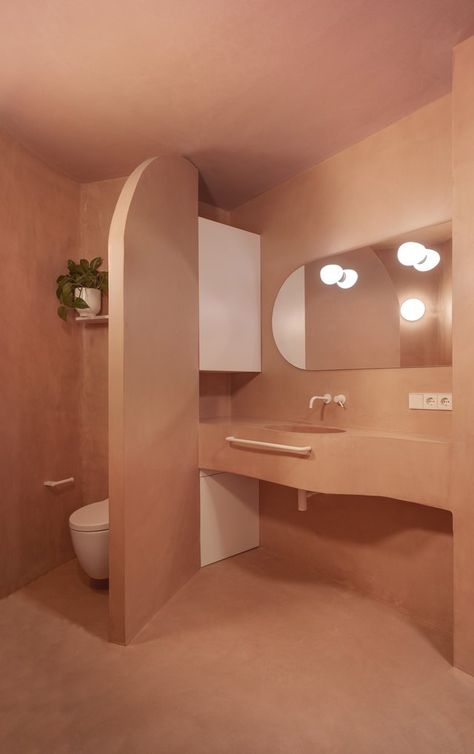 Peach Aesthetic Room, Cob Bathroom, Terracotta Bathroom Ideas, Spanish Apartment, Monochrome Kitchen, Peach Bathroom, Built In Vanity, Pantone 2024, Cement Design