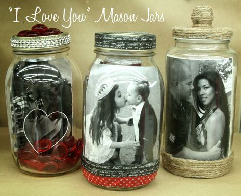 DIY: I LOVE YOU Photos in a Jar - Creating projects with mason jars has never been so easy! This is a cute craft for Valentine's Day or even Mother's Day! #craft #valentinesday Jar Decorations, Mason Jar Projects, Mason Jar Gifts, Jar Diy, Cards Ideas, Jar Gifts, Mason Jar Diy, Ideas Party, Mason Jar Crafts