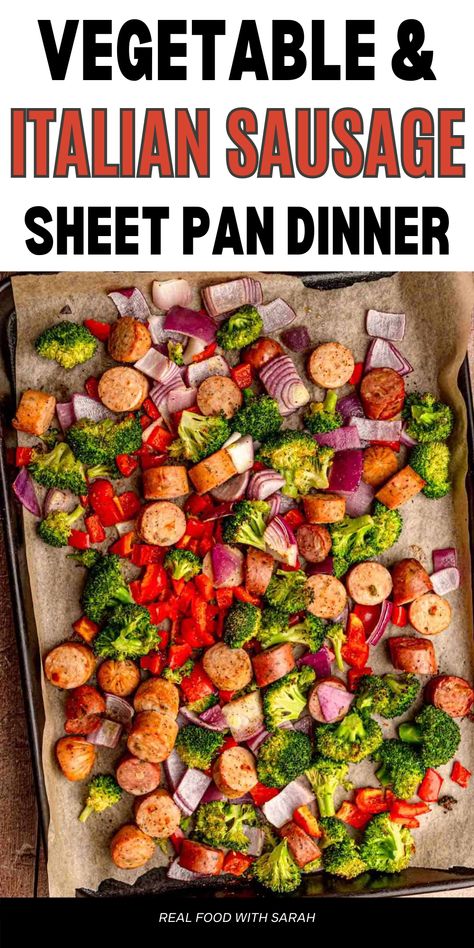 This easy sausage and veggies sheet pan meal is ready in just 30 minutes making it perfect for busy weeknight dinners.  The best part of this recipe is that it uses just 8 simple ingredients, including seasonings! Summer Sheet Pan Dinner Ideas, Sausage And Veggie Sheet Pan, Sheet Pan Italian Sausage, Vegetable Serving Size, Sausage Sheet Pan Dinner, Sausage And Vegetables, Dinners Recipes, Easy Sheet Pan Dinners, Easter Dinner Recipes