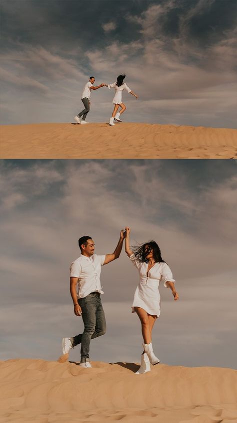 White Sands Couple Photoshoot, Couple Poses In Desert, Windy Couple Photoshoot, Couple Poses Desert, Desert Photoshoot Outfit Couples, Couples Desert Photoshoot, White Dress Couple Photoshoot, Fun Couple Photos, Photoshoot Ideas Desert