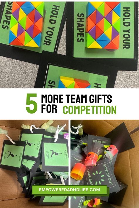 Creating inexpensive encouraging gifts for the team can be a great way to encourage team spirit. Fidget toys can be great to keep young gymnasts occupied and low stress while they wait to compete. And including everyone can be nice for those that may not be able to afford the merchandise sold at competitions. Gymnast Gifts For Meets, Gymnastics Gift Ideas Goodie Bags, Encouraging Gifts, Slinky Toy, Pop It Toy, Young Gymnast, Competition Leotard, Gymnastics Competition, Gymnastics Gifts