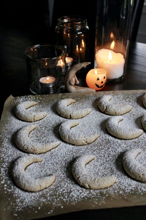 Moon Spell Cookies - The Hungry Lyoness The Hungry Lyoness Food Blog New Moon Food, Fae Inspired Food, Imbolc Moon Cookies, Witchy Themed Food, Yule Moon Cookies, Full Moon Cookies, Witch Inspired Food, Kitchen Witch Desserts, Moon Spell Cookies