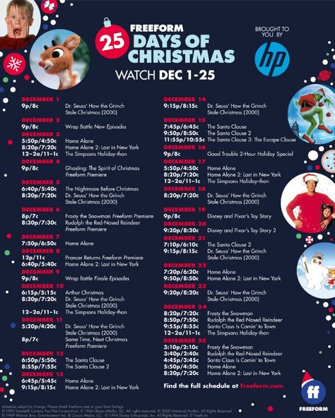 25 Days of Christmas Movies + FREE Printable Schedule Highlights 25 Days Of Christmas Movies, 12 Dates Of Christmas, Best Christmas Sugar Cookie Recipe, 31 Nights Of Halloween, Arthur Christmas, Movie Schedule, Christmas Watches, 4 December, Christmas Jingles