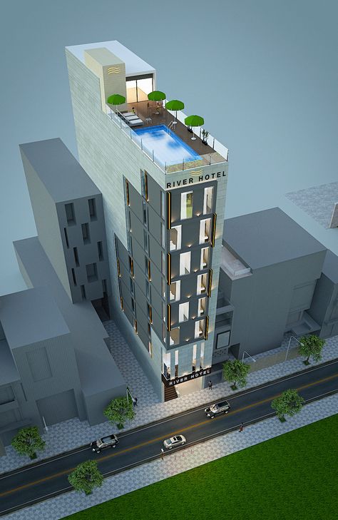 3d Hotel Design, Mini Hotel Design, Hotel Project Architecture, Bungalow Hotel, Mini Hotel, River Hotel, Nha Pho, Commercial Design Exterior, House Outer Design