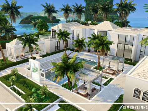 Bloxburg Beach Hotel Ideas, Ts4 Patio Cc, Sims 4 Hotel Layout, Sims 4 Cc Luxury House, The Sims 4 Mods House, Sims 4 Modern Mansion, Sims 4 Hotel, Mansion Sims 4, Sims 4 Beach House