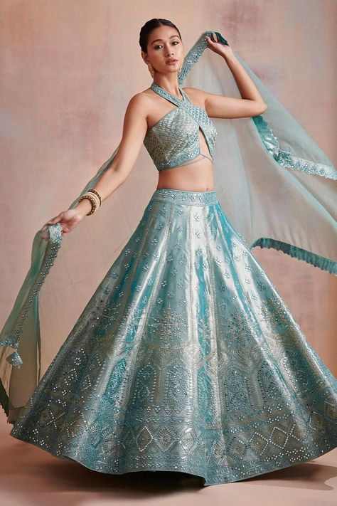 Buy #turquoise resham embroidered #lehenga in mirror work by #Suhino at #AzaFashions Shop online now at #Azafashions.com Call +12132135273 or email contactus@azafashions.com for enquiries. #wedding #festive #ethnic #tradional #shopping #shoponline #party #reception #bride Shaded Lehenga, Tissue Lehenga, Manushi Chillar, Blue Dupatta, Mirror Work Lehenga, Halter Neck Blouses, Mirror Embroidery, Lehenga Designs Simple, Work Lehenga