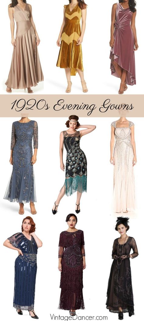 1920s style evening dresses and gowns for Great Gatsby, Art Deco, themed parties. At #vintagedancer.com 1920s Formal Dresses, 1920s Outfit Ideas, 1920s Evening Gowns, 1920s Outfit, Gatsby Party Outfit, 1920s Evening Dress, Great Gatsby Art, 1920s Costume, 1920s Fashion Women