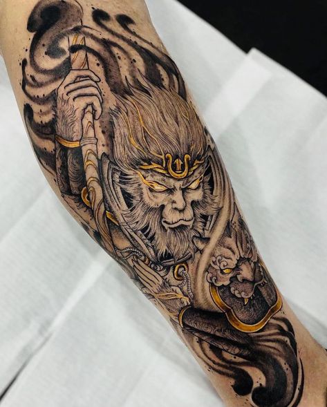 Wukong Tattoo, Monkey King Tattoo, Dota Tattoo, Asian Dragon Tattoo, King Tattoo, Monkey Tattoos, Buddha Tattoos, King Tattoos, Fire Tattoo