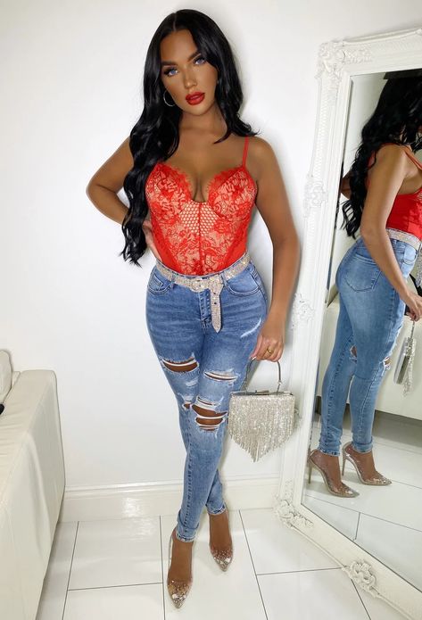 Red Bodysuit Outfit Jeans, Red Lace Bodysuit Outfit, Red Bodysuit Outfit, Lace Bodysuit Outfit, Red Lace Bodysuit, Red Bodysuit, Pink Boutique, Body Suit Outfits, Leather Midi Skirt