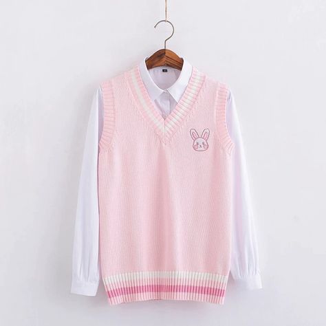 Pinterest Pretty, Kawaii Sweater, Purple Bunny, Egirl Clothes, Pink Vest, Embroidery Sweater, Style Kawaii, Kawaii Doll, Pink Bunny