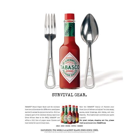 Tabasco - Survival Gear Sauce Ads, Tabasco Hot Sauce, Spicy Pizza, Tabasco Pepper, Interactive Web Design, Bland Food, Louisiana Cajun, Food Ad, Photoshop Ideas