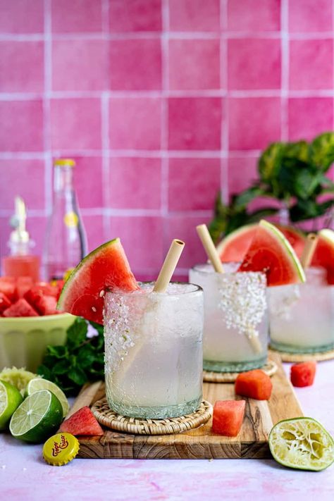 Watermelon Ranch Water Watermelon Ranch Water, Ranch Water Cocktail, Ranch Water Recipe, Watermelon Tequila, Ranch Water, Freezing Fruit, Best Tequila, Lime Salt, Summer Drink Recipes