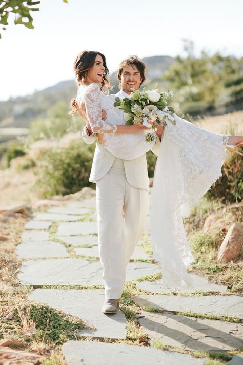 Ian Wore a White Bespoke Suit by Nedo Bellucci Nikki Reed Wedding, Kim Kardashian Wedding Dress, Ian Somerhalder Nikki Reed, Kardashian Wedding, Kim Kardashian Wedding, Famous Wedding Dresses, Celebrity Wedding Photos, Celebrity Wedding Dresses, Nikki Reed